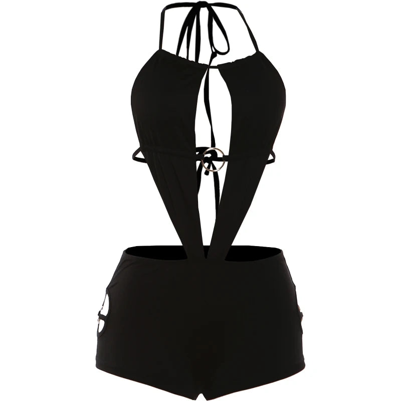 Weird Puss Sexy Hollow Halter Playsuits Women Summer Hipster Backless Bandage Sleeveless Sexy Skinny Elastic Clubwear Rompers