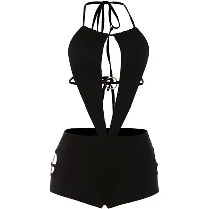 Weird Puss Sexy Hollow Halter Playsuits Women Summer Hipster Backless Bandage Sleeveless Sexy Skinny Elastic Clubwear Rompers