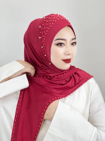 2026 Fashion Versatile Beaded Hijab for Women,Mid-Length Convenient Pull-over Hat Scarf,Malay Shawl Pure Color Women's Headscarf