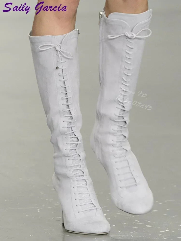 Emerald Green Patent Glitter Knee High Boots Retro Round Toe Lace Up Square Heel Modern Boots 2026 Runway Fashion Women Shoes