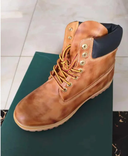 Retro Yellow Men Ankle Boots Genuine Leather Short Riding Boots for Unisex Outdoor High Top Sneakers Men and Women Tooling Boots