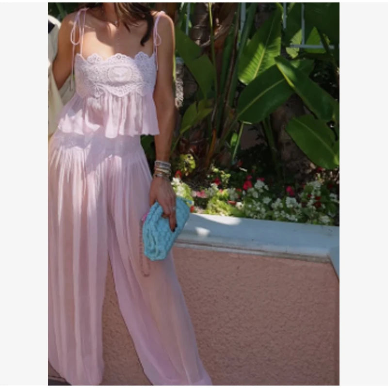 Beach Lace Hollow Out Women's Summer Pants Sets Lace Up Backless Spaghetti Strap Crop Top Loose Pleated Lantern Pant 2026 Suit