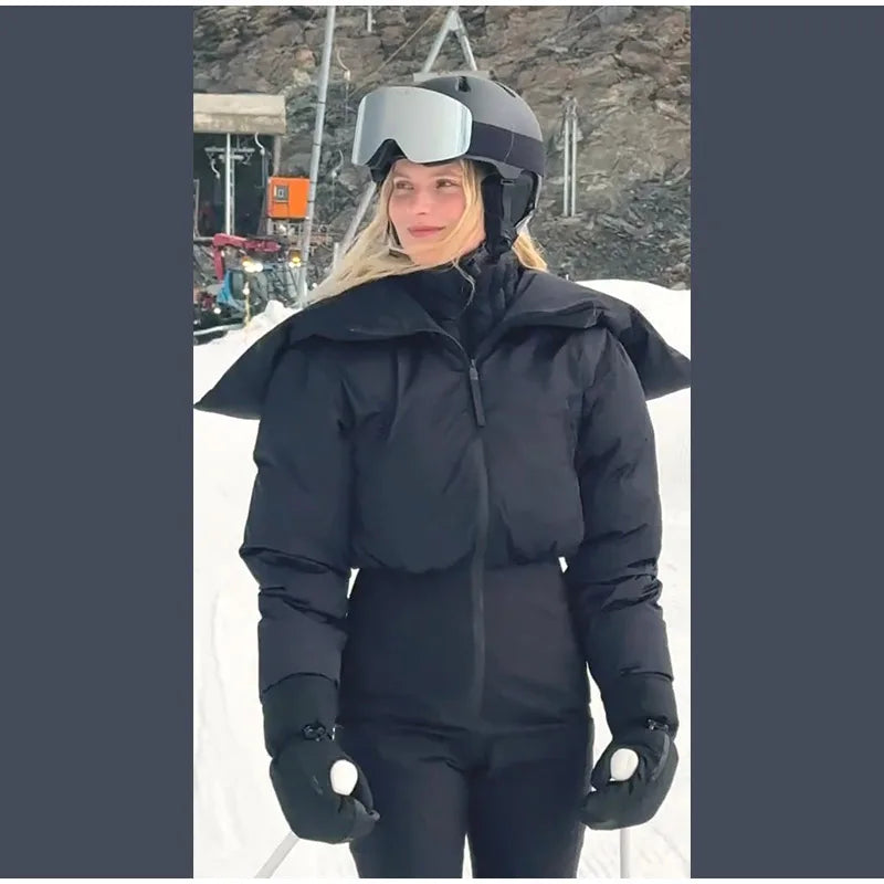 Detachable Hooded Ski Suit Jumpsuit Woman Zipper Color Blocked Long Sleeve Slim Warm Jumpsuits Sports Casual Women's Ski Suits