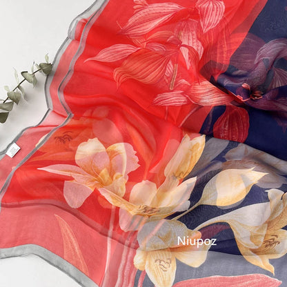 Gradient Lily Print Pretty Women Elegant Chiffon Georgette Bandana Scarf Summer Beach Sunscreen Thin Shawl