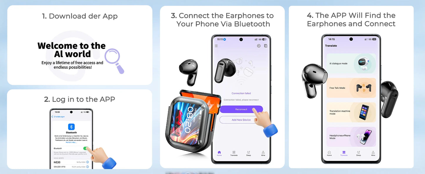 HTC NE20 AI Translation Earbuds - ANC Noise Cancelling, Touch Screen, 135 Lang. Support, Business Conference, Travel Headphones