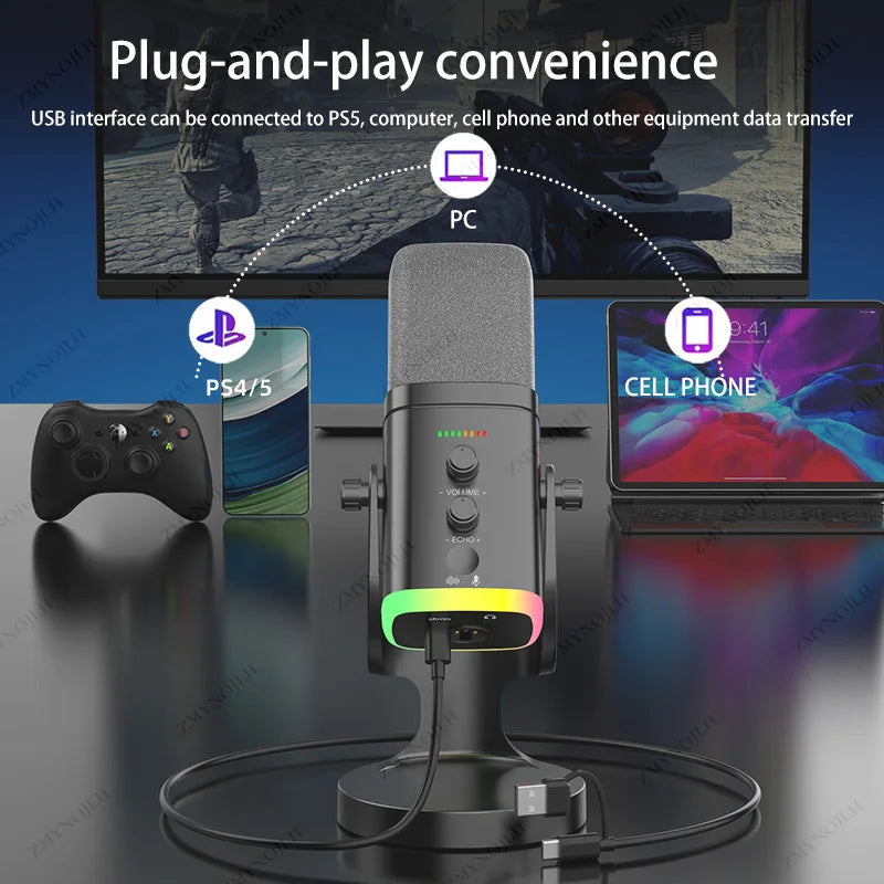 USB microphone for PC/Mac gaming, recording, live streaming, and podcasting; PC gaming condenser/coil microphone with phone adap