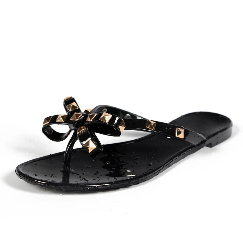 Summer Slippers Women Fashion Flip Flops Luxury Designer Female Beach Rivet Big Bow Flat Sandals Girls Jelly Shoes
