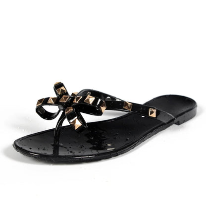 Summer Slippers Women Fashion Flip Flops Luxury Designer Female Beach Rivet Big Bow Flat Sandals Girls Jelly Shoes