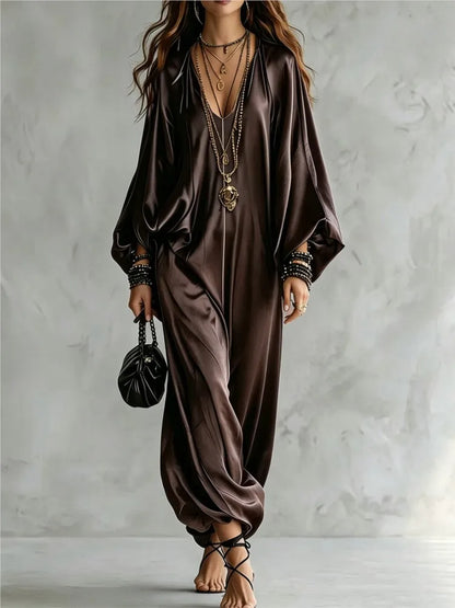 New Spring Autumn Solid V Neck Batwing Sleeve Loose Jumpsuit Women Fashion Satin Wide Leg Pants Jumpsuits Casual Holiday Rompers