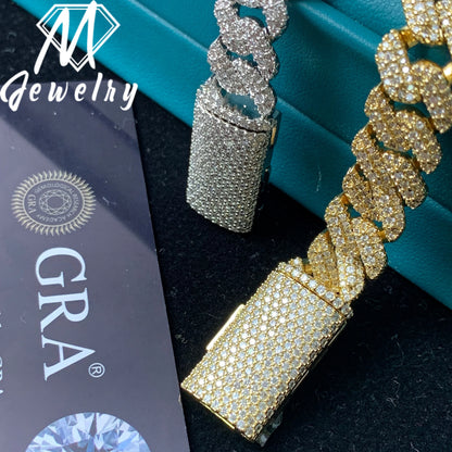 Wholesale 10mm Copper Moissanite Cuban Link Chain Iced Out Full Paved VVS Moissanite Necklace Box Clasp with Safety Latch Unisex