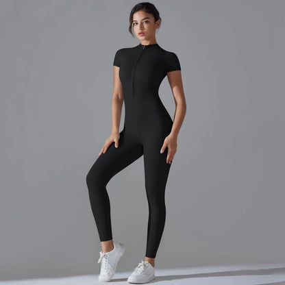 Womens Jumpsuits Short Sleeve Yoga Slim Fit Stretch One Piece Romper Sexy Fitness Female Basic Sportwears Black Zipper Ladies