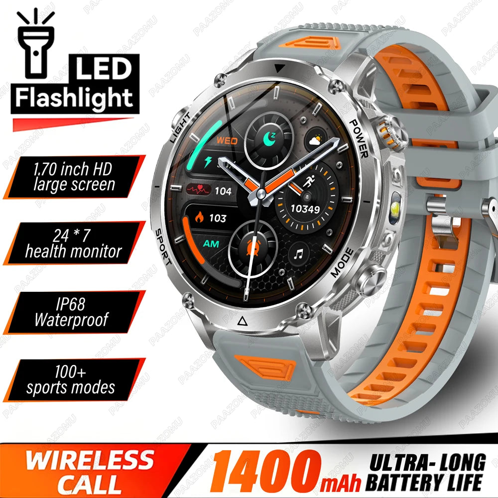 Brand+1400mAh Big Battery Smartwatch Men 1.7" AMOLED 200-Day Standby Swim Diving Waterproof GPS Military Tactical SOS 100 Sports
