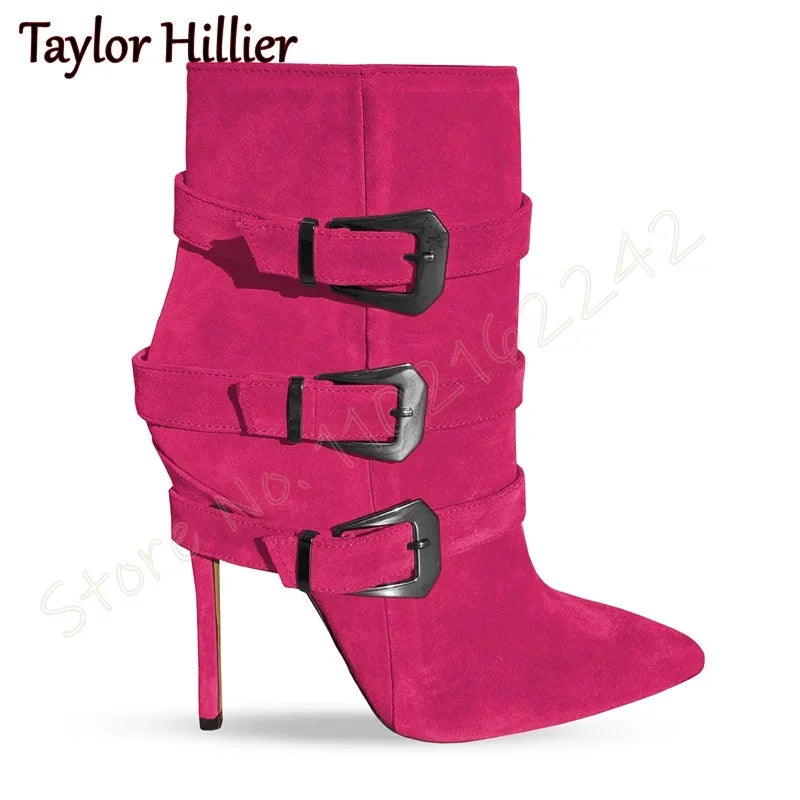 Rose Red Suede Belt Buckle Short Boots Pointed Toe Stiletto Side Zipper Modern Boots Fashion Party Catwalk Luxury Short Boots 46