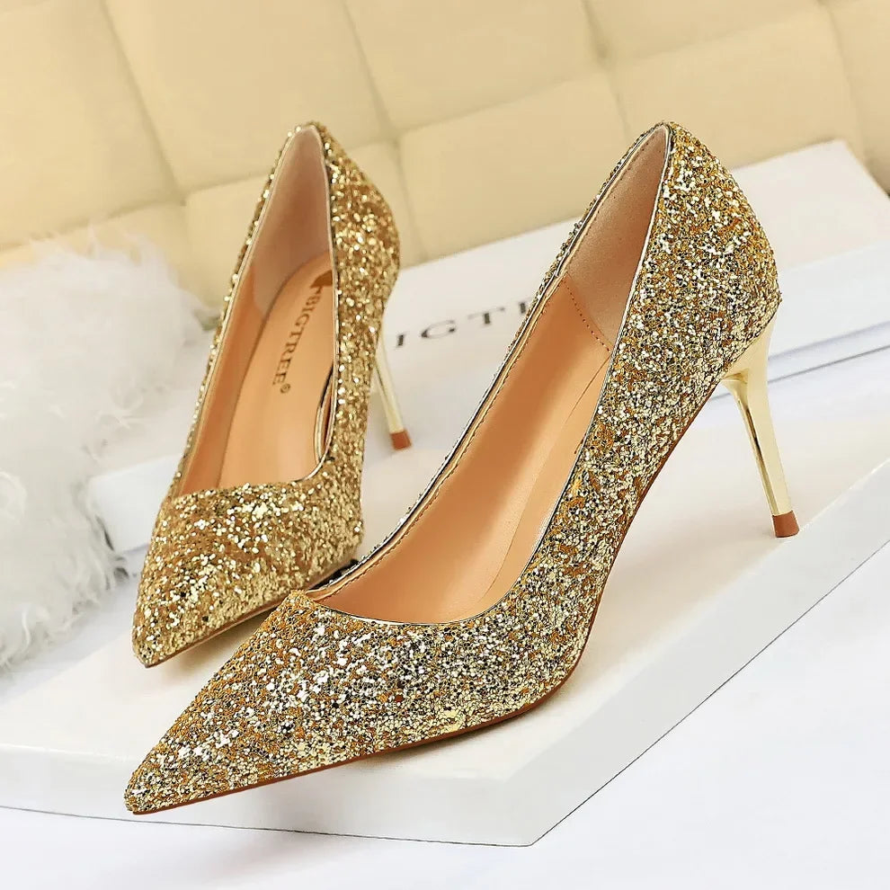 Women Luxury Bling Red  Blue Valentine Party Scarpins Pumps Lady Glitter Sequins 7cm 9.5cm High Heels Designer Shoes Plus Size