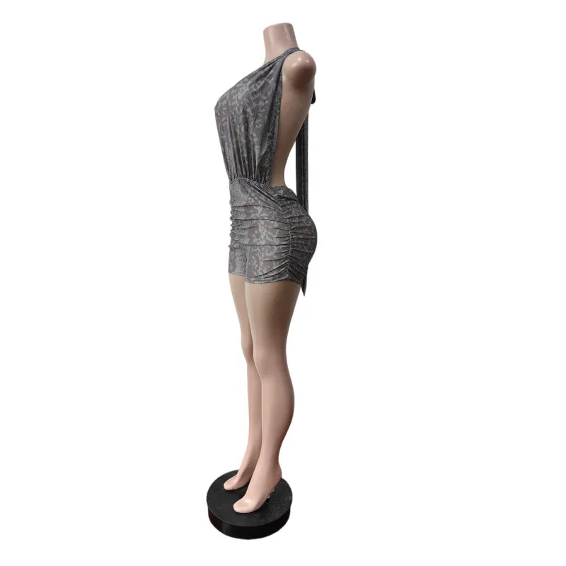 Summer Sexy Mesh Print Lace up Halter Backless Skinny Jumpsuits Women Baddies Streetwear Sleeveless Bodycon Club Party Romper
