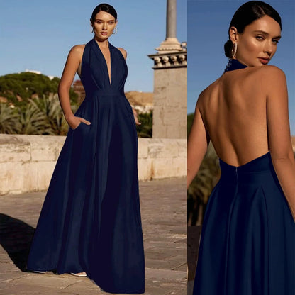 Temperament Elegant Halter Neck Jumpsuits Women Sexy Deep V-neck Backless High Waist Wide Leg Jumpsuit Solid Color Female New
