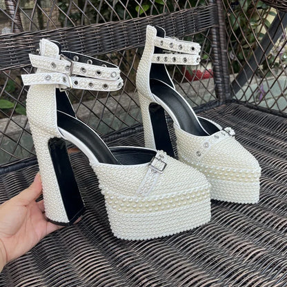 2026 Women's Shoes 14cm Thick Heel Pointed Sandals 35-41 High Heel Waterproof Platform Woman Shoes Wedding Dress Luxury Pearl