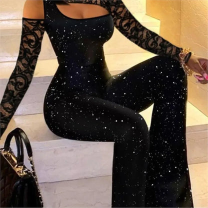 Women's Fashion Sexy Jumpsuits Spring Summer Black Lace Glitter Silver Slim Fit Off-shoulder High Collar Jumpsuit Wide Leg Pants