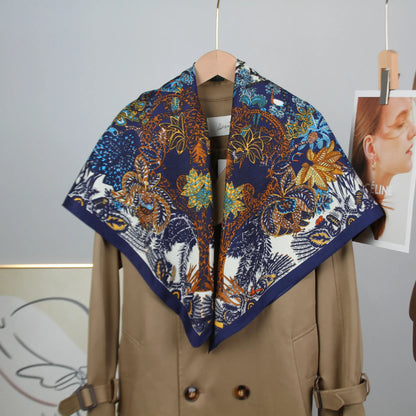 New Design Trendy Luxury Wrap Scarf, Twill Fabric Flower Print 90cm Square Scarf, High-End Silk Scarf for Women Shawl