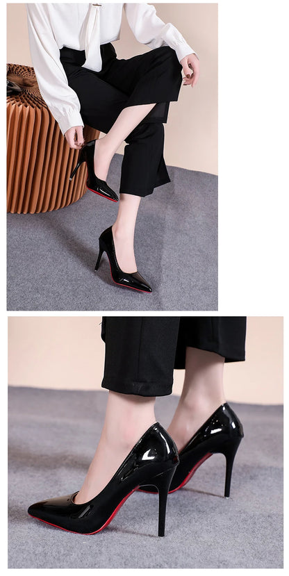 Sexy Pointed Toe Patent Leather High Heels Temperament Girl Red Sole Party Dress Stiletto Pumps Classic Black Work Single Shoes