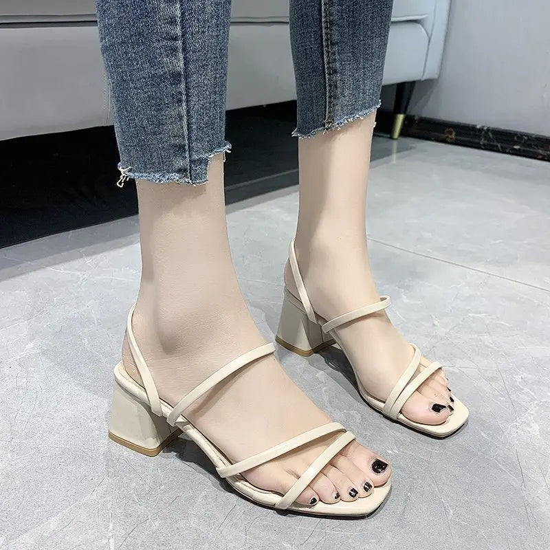 Women Sandals Ladies Square Heels Elegant Summer Slippers Outside Cross Tied Leather Female Slides 2025 Fashion Woman Sandals