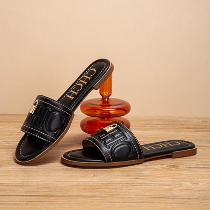 CHCH Women's Flat Shoes Summer New Solid Color Embossed Sandals Simple Fashion Slippers