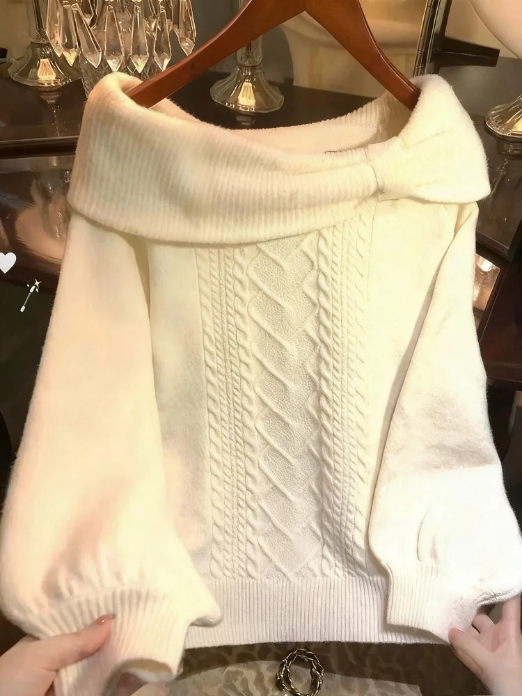 Sweet Daily Streetwear Japanese Women Slim Fit Off Shoulder Knit Jumper Soft Long Sleeve Fashion Pullover Sweater