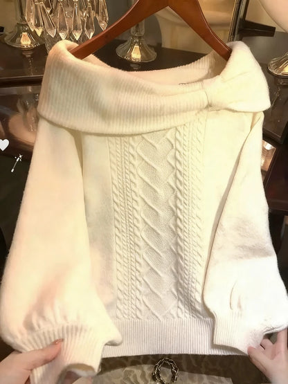 Sweet Daily Streetwear Japanese Women Slim Fit Off Shoulder Knit Jumper Soft Long Sleeve Fashion Pullover Sweater