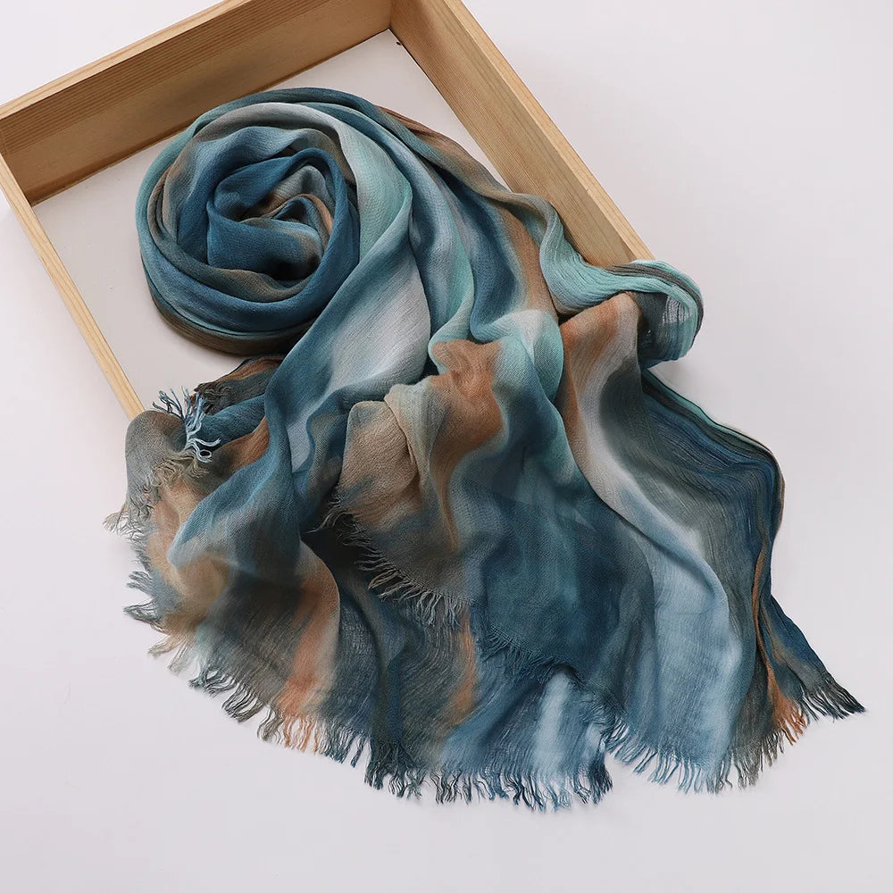 New Fashion Cotton Blend Hijabs Scarf Woman Graduated Color Striped Women Headscarf Retro Versatile Printing Long Shawl