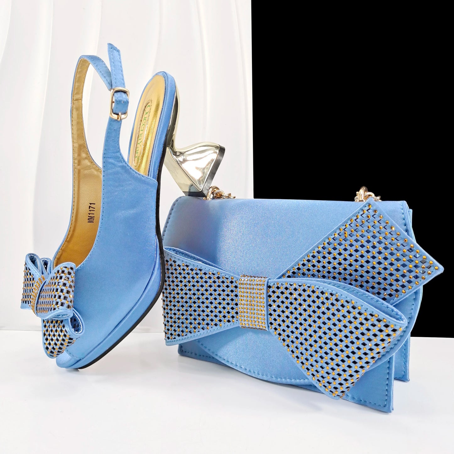 Queena Yan Sky Blue Color Peep Toe High Women Heels Shoes and Bags for Women Rhinestone Evening Party Elegant Luxury Handbag