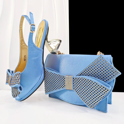 Queena Yan Sky Blue Color Peep Toe High Women Heels Shoes and Bags for Women Rhinestone Evening Party Elegant Luxury Handbag