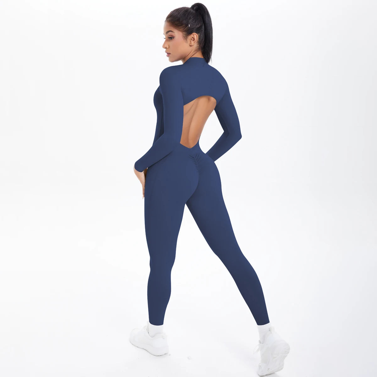 Solid Color Bodysuits for Woman's Backless Long Sleeved Zipper Yoga Jumpsuits High Dtrength Workout Sports Fitness Clothing Set