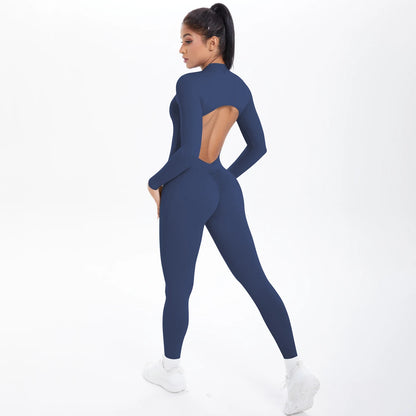 Solid Color Bodysuits for Woman's Backless Long Sleeved Zipper Yoga Jumpsuits High Dtrength Workout Sports Fitness Clothing Set