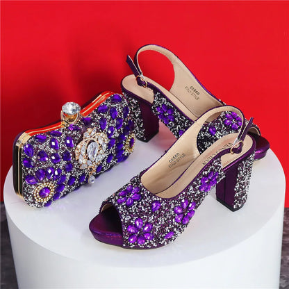 2024 Latest Italian Design African Women's High Heels Round Head Sandals Party Wedding Party Golden Color Shoes and Bags Set