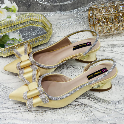 Elegant Gold Satin Rhinestone Bow Slingback Heel & Clutch Bag Set, Women Bridal Matching Kit For Wedding Party Evening Prom Form