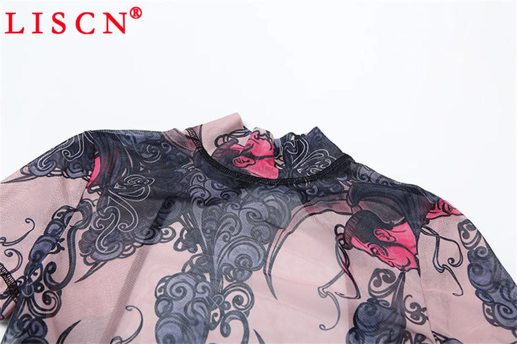 10 Wholesale Items Jumpsuits Women Summer 2025 Short Sleeve Bodycon Sexy Y2k Printing Mesh See Through Backless Rompers K15151