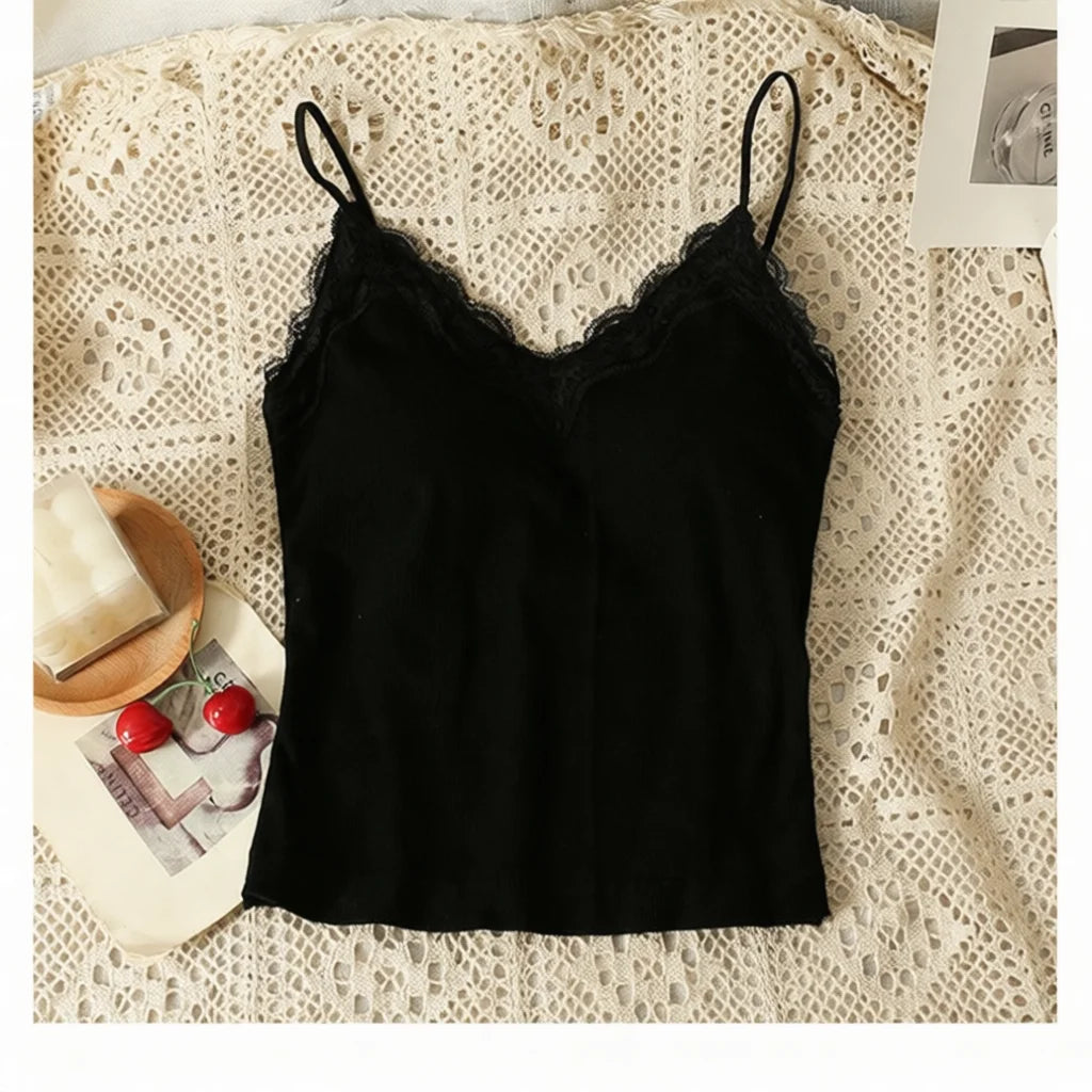 Women Sexy Padded Camisole Lace Back Seamless Tank Top V Neck Spaghetti Strap Vest Breathable Casual Base Layer Underwear