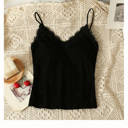 Women Sexy Padded Camisole Lace Back Seamless Tank Top V Neck Spaghetti Strap Vest Breathable Casual Base Layer Underwear