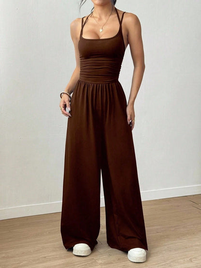 Women's Sleeveless Halter Jumpsuit - Ruched Waist, Wide Leg Pants, Soft Casual One-Piece Romper for Daily Wear