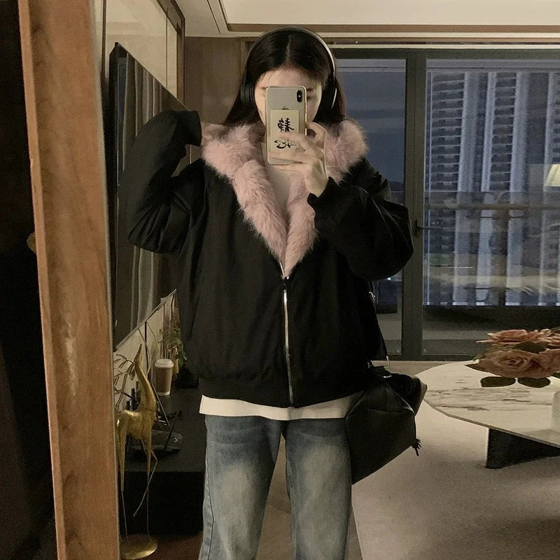 Double Sided Winter Coat Women Clothing Imitation Mink Fur Fur Hooded Cotton Jacket Female Warm Plush Cotton-padded Outerwea New