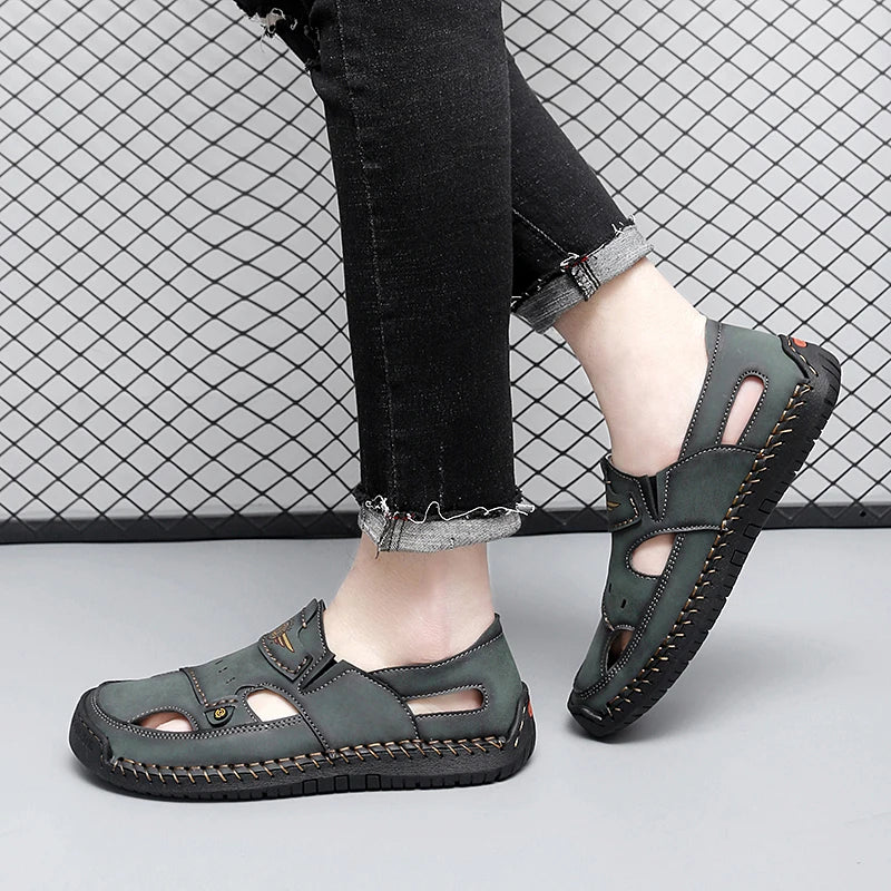 Mens Walking Shoes Summer Breathable Leather Hand Sewn Minimalist Baotou Flat Shoes Soft Elastic Daily Casual Male Sandalia