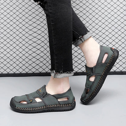 Mens Walking Shoes Summer Breathable Leather Hand Sewn Minimalist Baotou Flat Shoes Soft Elastic Daily Casual Male Sandalia