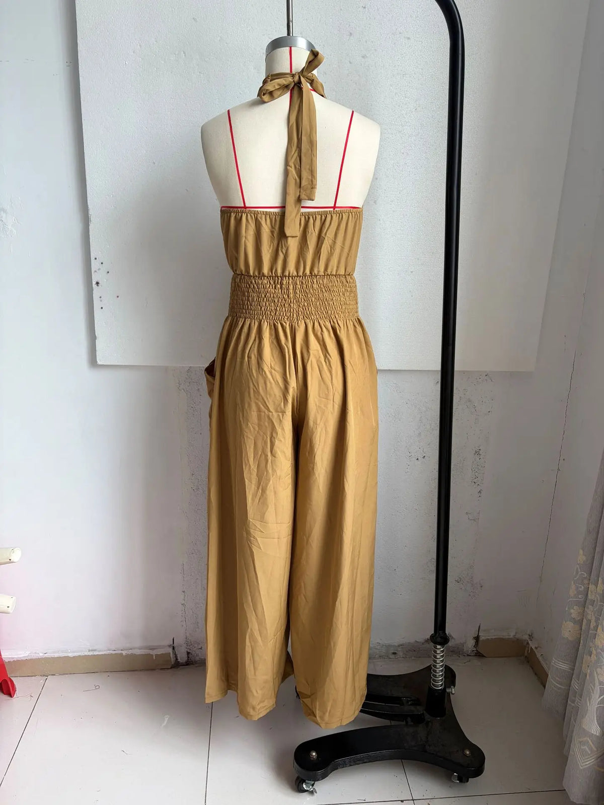 Retro Solid Women's Loose Wide Leg Jumpsuit Fashion Neck Hanging Design Sexy Backless Romper With Pocket Ladies Office Jumpsuits