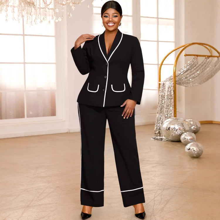 Plus Size Women's Black Contrast Trim Blazer Suit Fashion V-neck Single-breasted Jacket + Wide-leg Pants Two-piece Set Y2K