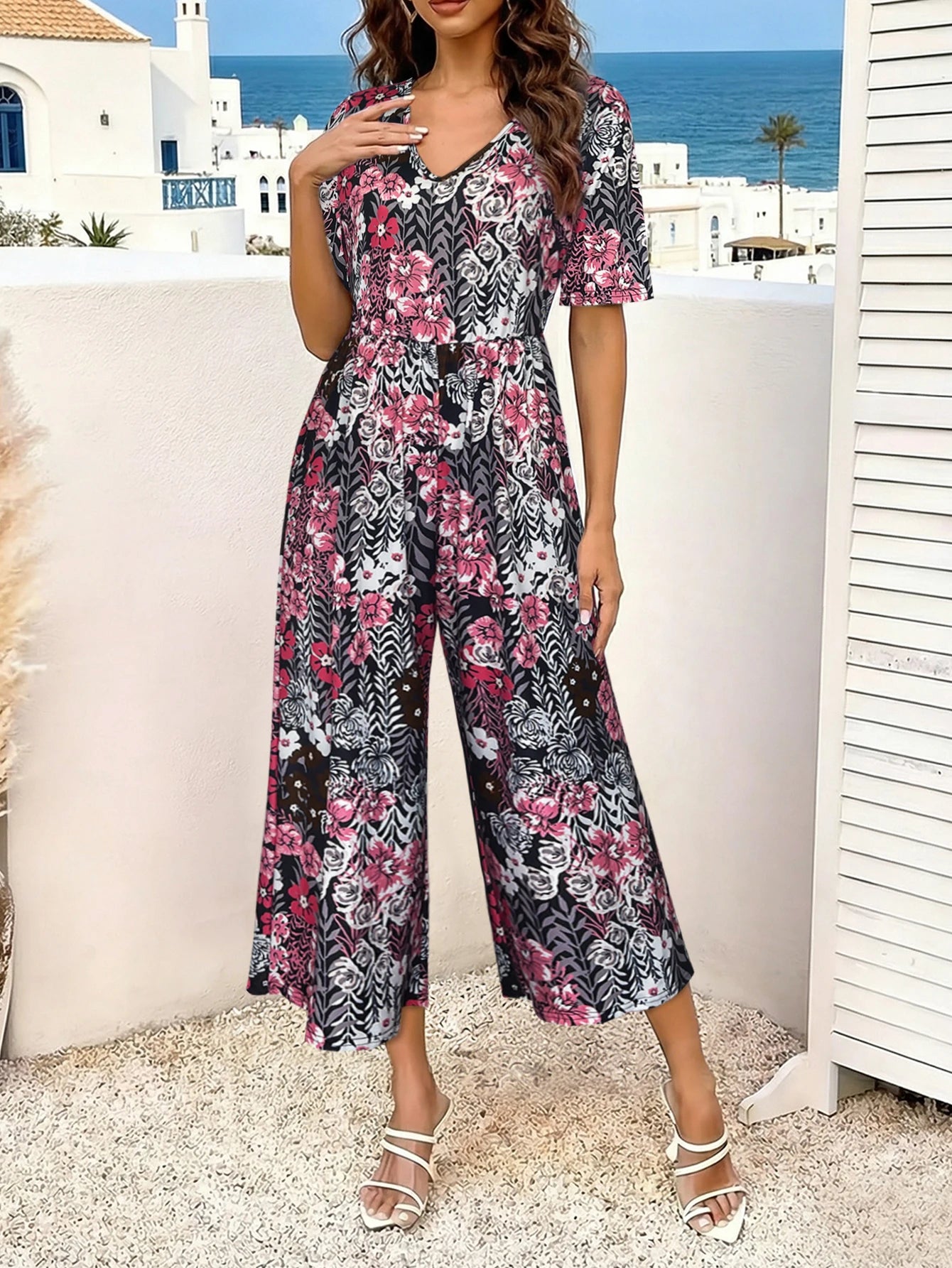 Women's Pink Floral Print Short Sleeve Jumpsuit, Summer Casual V Neck Elastic Waist Wide Leg Romper With Side Pockets