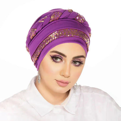 Women Hijabs Turban Hats Sequin Solid Color Braid Twist Caps Cancer Chemotherapy Beanies Cap Headwrap Plated Hair Loss Cover