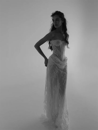 Tokyo Customized Elegant Lace Embroidery Strapless Wedding Party Sleeveless Floor-Length Tulle Prom Dress Illusion Evening Gowns
