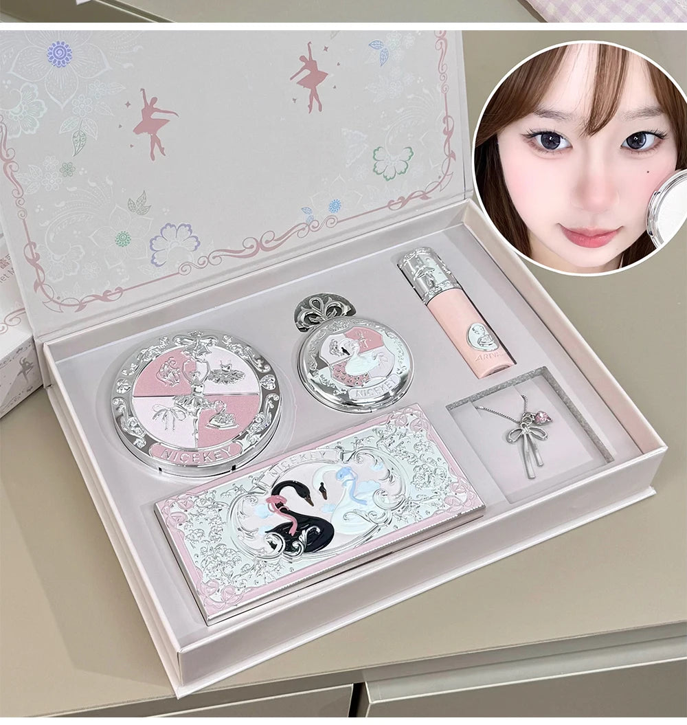 NICEKEY Face Makeup Sets Include 1*Lip mud,1*Pressed Powder,1*Highlight Powder,1*Eyeshadow Palette Powder With Necklace Gift