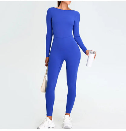 New Summer Sexy V Back Gym Sports Jumpsuit Yoga Clothes Rompers Women Long Sleeveles Workout Bodysuits Backless One-piece Suit