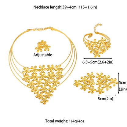 Fashion Silver Gold Color Hollow Shape Necklace Earrings Bracelet Ring Set for Women Exaggerated Design Jewelry Gift for Party